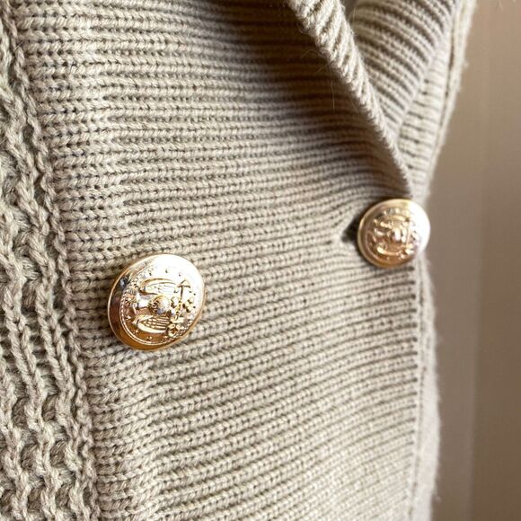 Vintage Loretta Double Button Long Knitted Tan Coat Size L w/ Animal Fur Collar - Picture 5 of 10